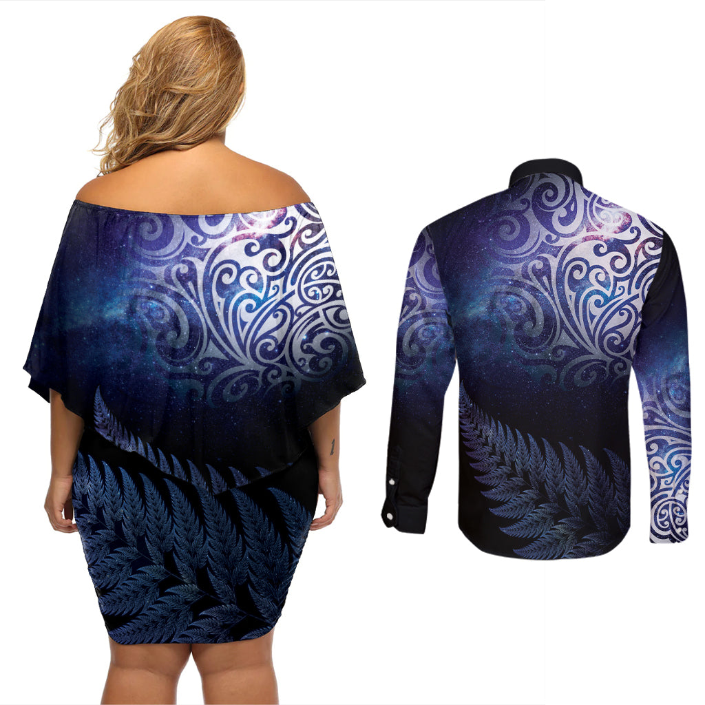 New Zealand Aotearoa Matariki Couples Matching Off Shoulder Short Dress and Long Sleeve Button Shirt Starry Silver Fern