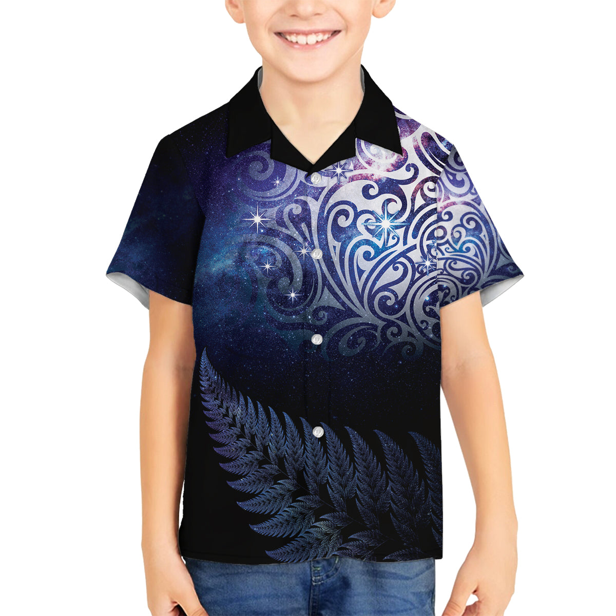 New Zealand Aotearoa Matariki Family Matching Puletasi and Hawaiian Shirt Starry Silver Fern