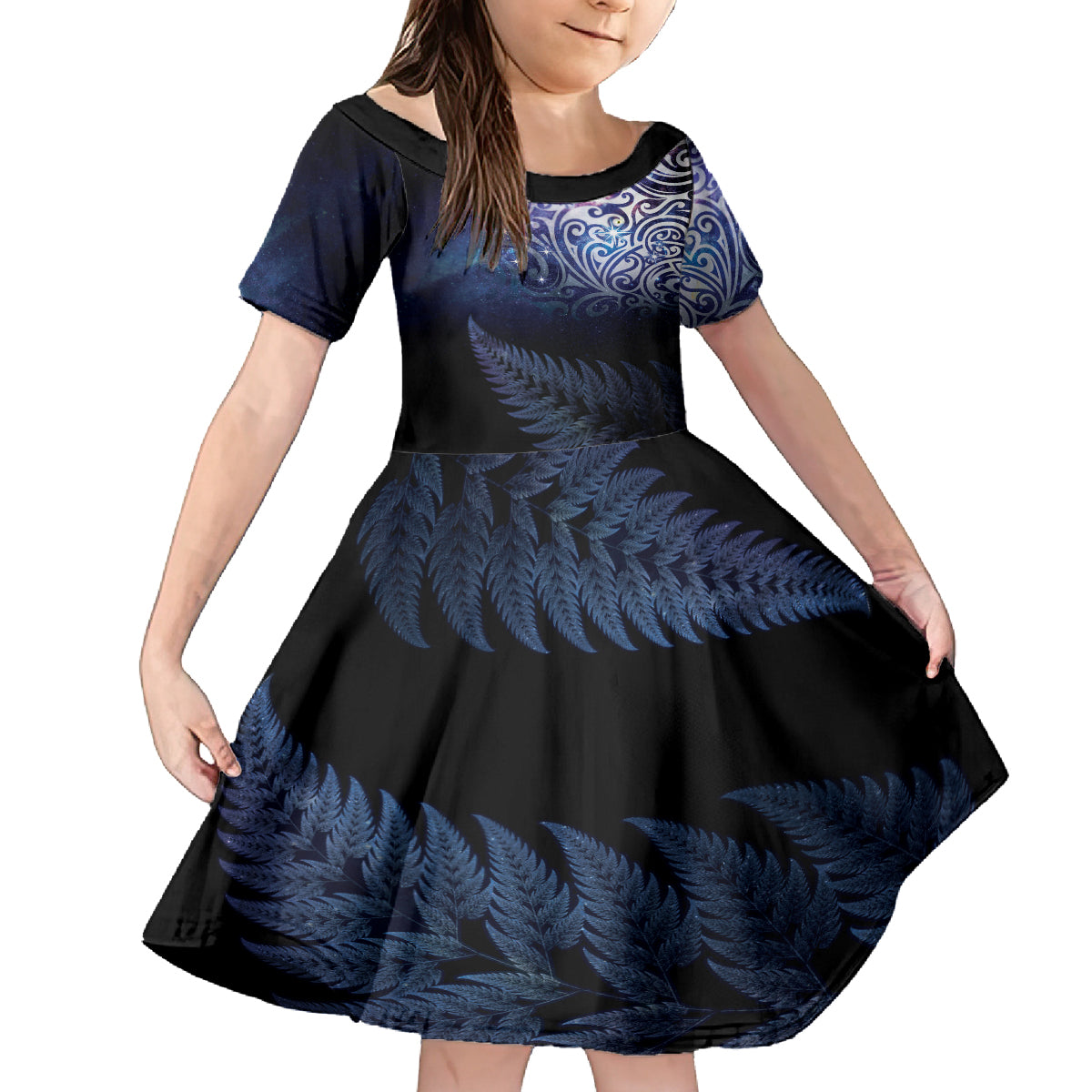 New Zealand Aotearoa Matariki Kid Short Sleeve Dress Starry Silver Fern