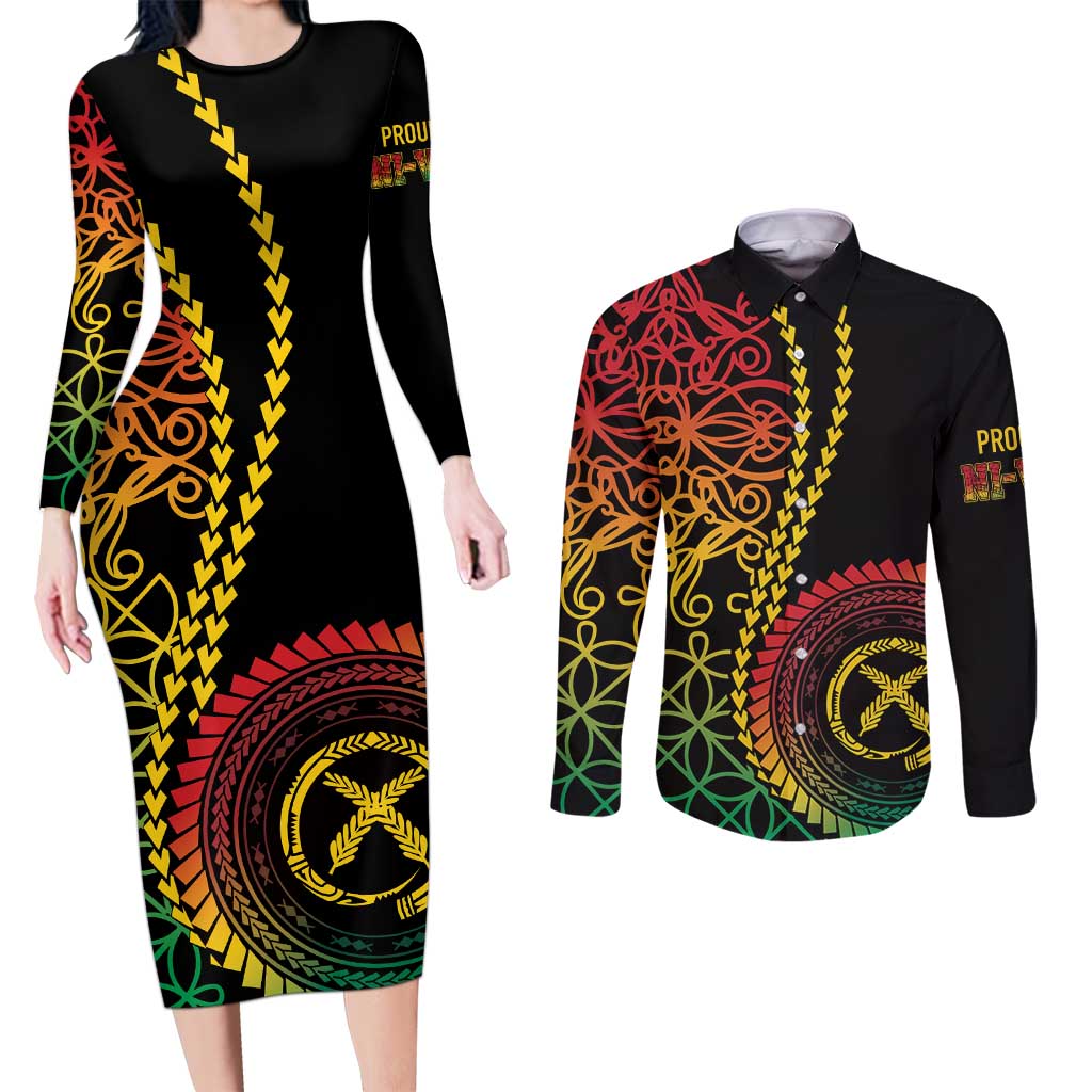 Proudly Ni-Van Sandroing Inspired Classic Style Couples Matching Long Sleeve Bodycon Dress and Long Sleeve Button Shirt LT7 Colorful - Polynesian Pride