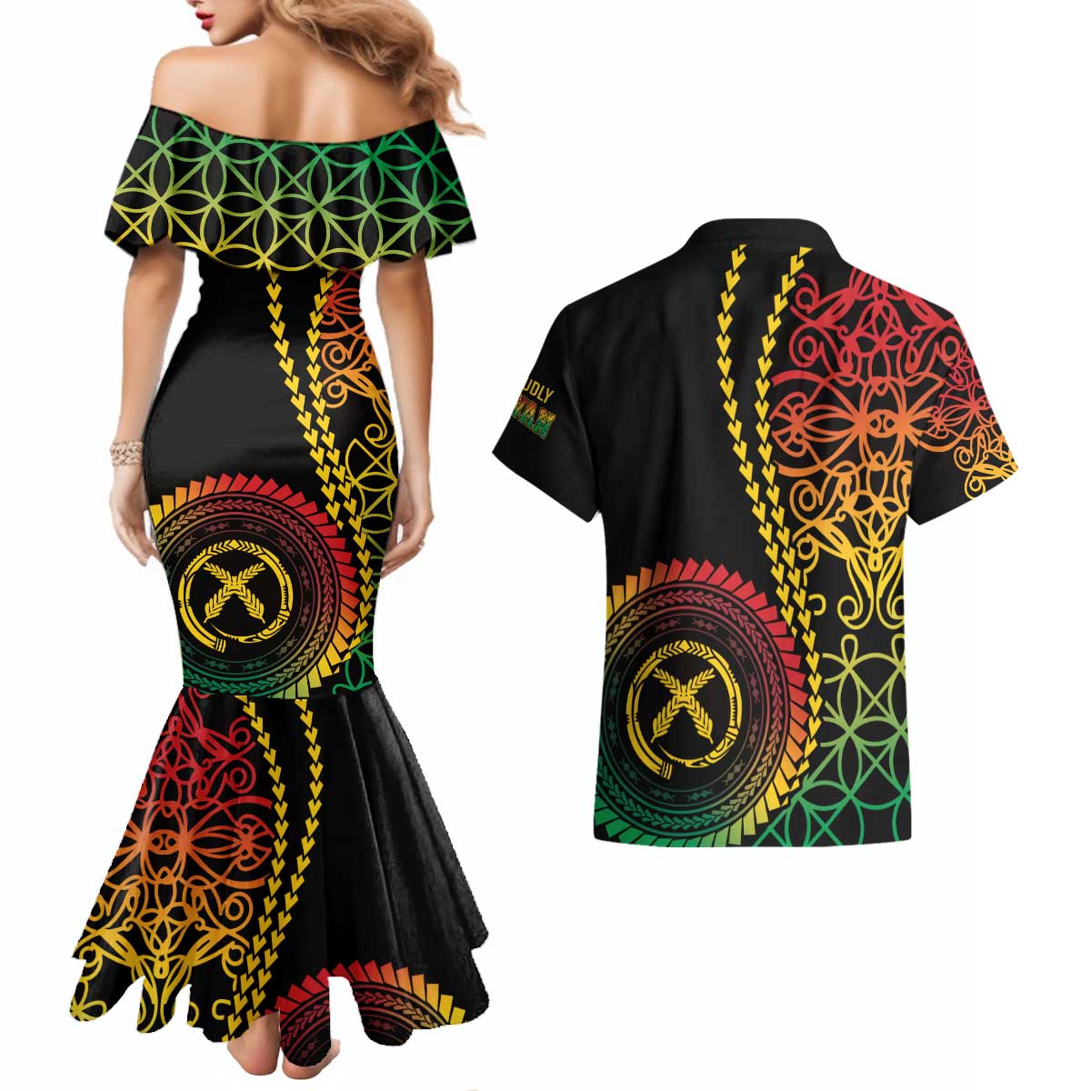 Proudly Ni-Van Sandroing Inspired Classic Style Couples Matching Mermaid Dress and Hawaiian Shirt LT7 - Polynesian Pride