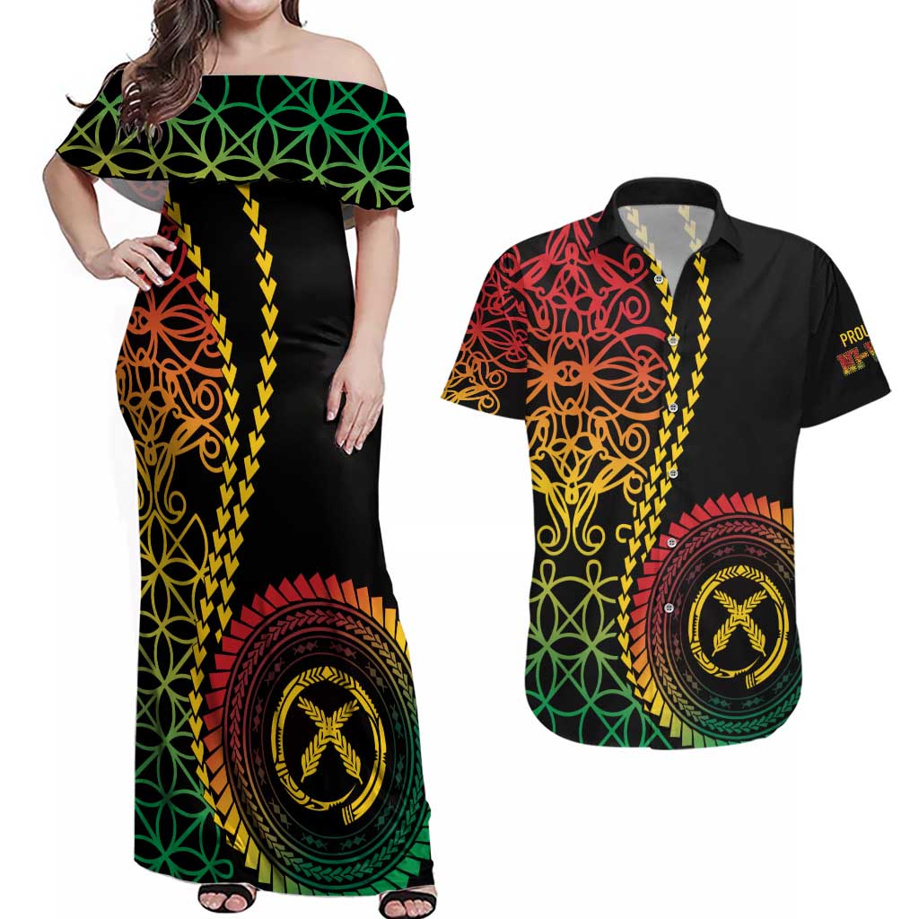 Proudly Ni-Van Sandroing Inspired Classic Style Couples Matching Off Shoulder Maxi Dress and Hawaiian Shirt LT7 Colorful - Polynesian Pride