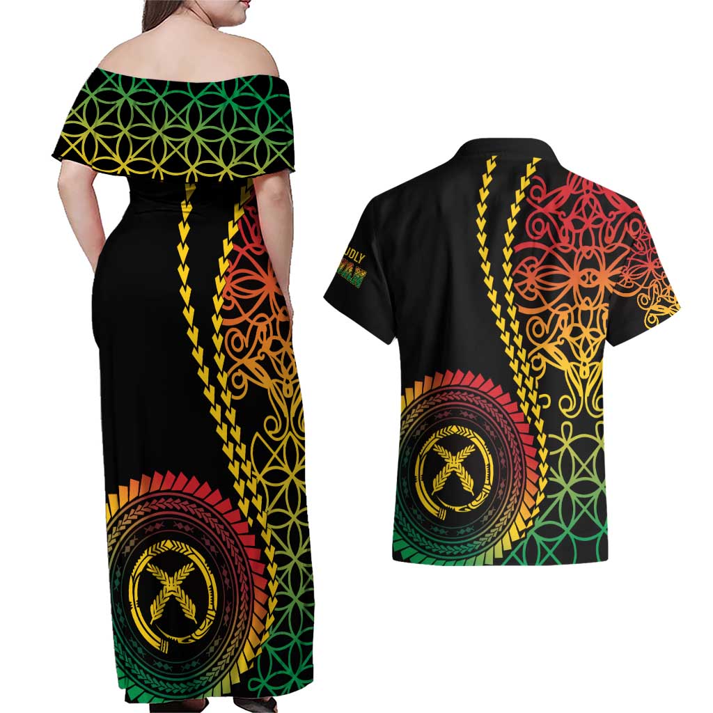 Proudly Ni-Van Sandroing Inspired Classic Style Couples Matching Off Shoulder Maxi Dress and Hawaiian Shirt LT7 - Polynesian Pride