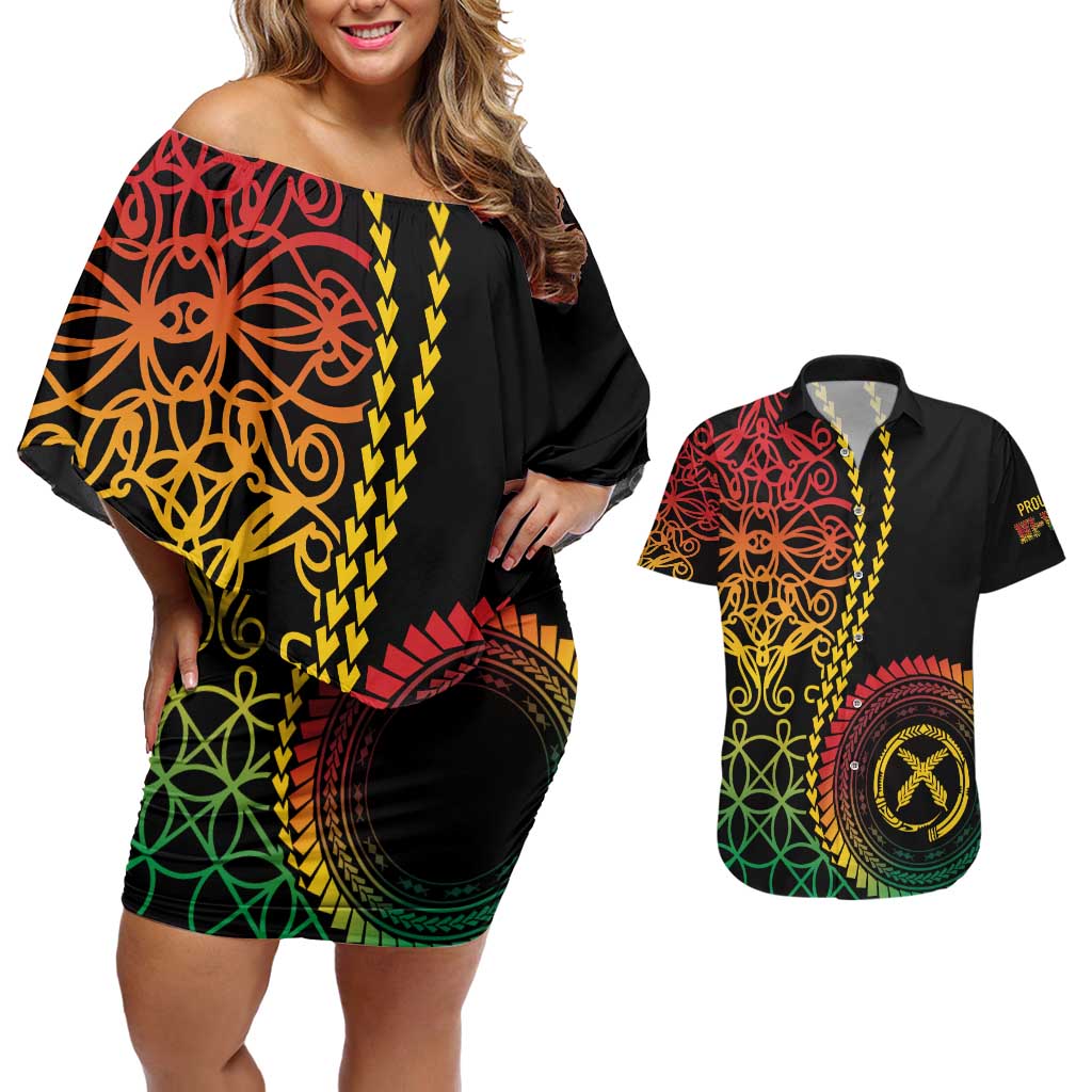 Proudly Ni-Van Sandroing Inspired Classic Style Couples Matching Off Shoulder Short Dress and Hawaiian Shirt LT7 Colorful - Polynesian Pride