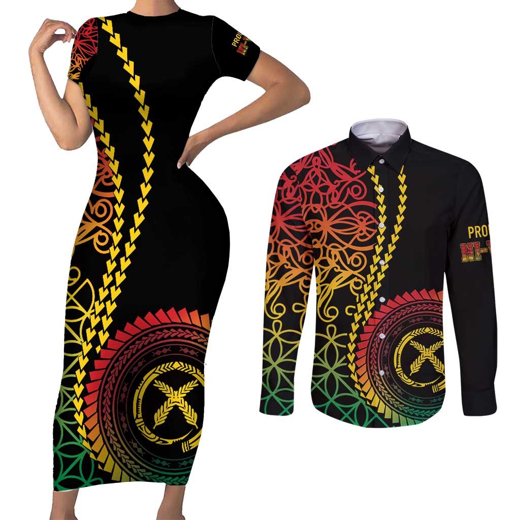 Proudly Ni-Van Sandroing Inspired Classic Style Couples Matching Short Sleeve Bodycon Dress and Long Sleeve Button Shirt LT7 Colorful - Polynesian Pride