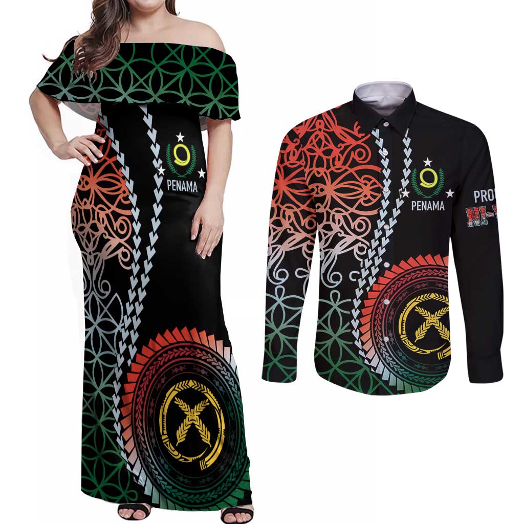 Proudly Ni-Van Sandroing Inspired Couples Matching Off Shoulder Maxi Dress and Long Sleeve Button Shirt Penama Classic Style LT7 Colorful - Polynesian Pride
