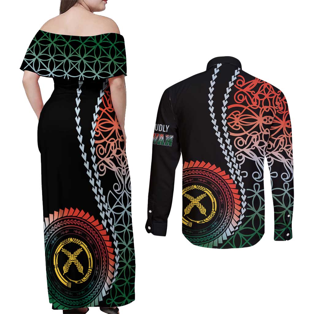 Proudly Ni-Van Sandroing Inspired Couples Matching Off Shoulder Maxi Dress and Long Sleeve Button Shirt Penama Classic Style LT7 - Polynesian Pride