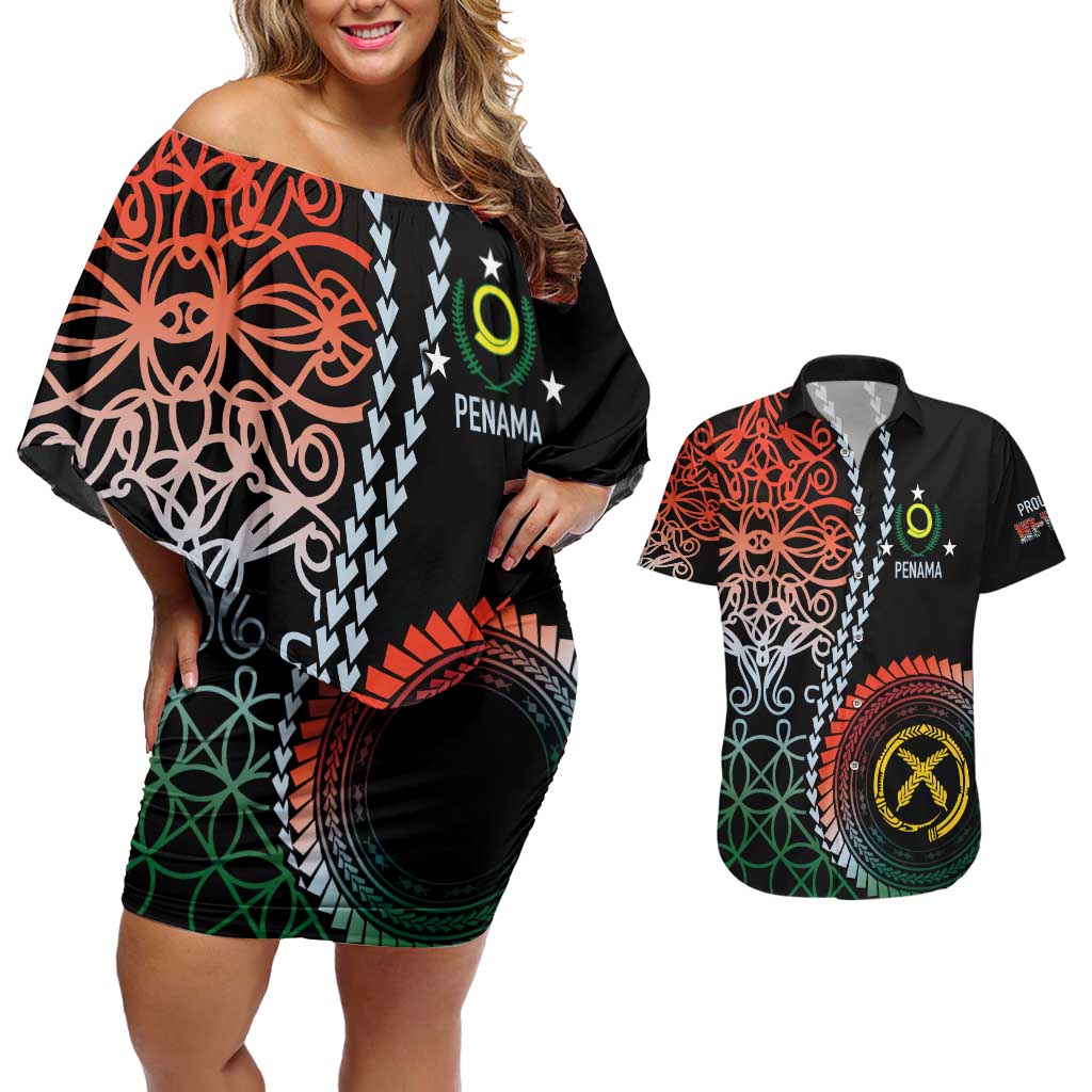 Proudly Ni-Van Sandroing Inspired Couples Matching Off Shoulder Short Dress and Hawaiian Shirt Penama Classic Style LT7 Colorful - Polynesian Pride