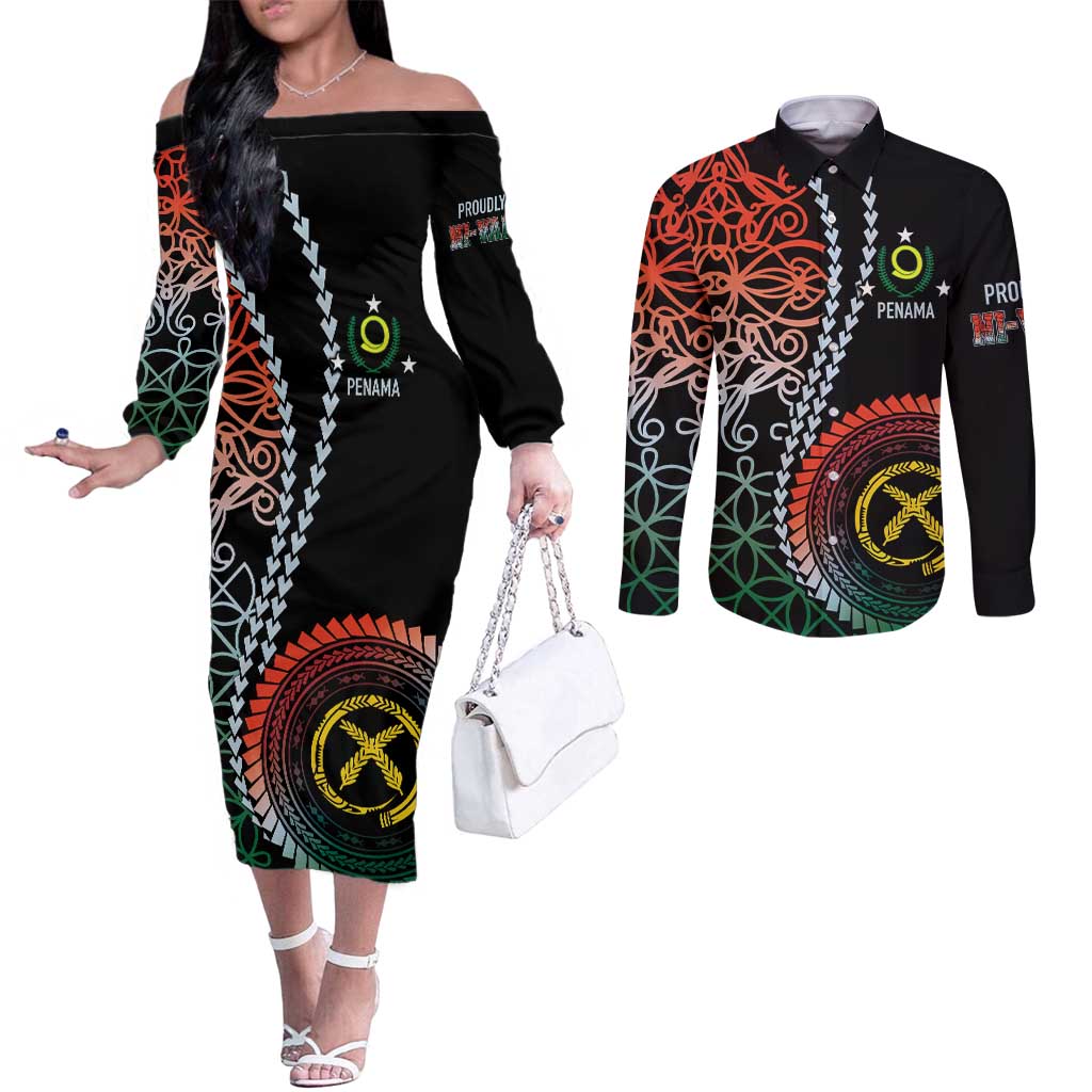 Proudly Ni-Van Sandroing Inspired Couples Matching Off The Shoulder Long Sleeve Dress and Long Sleeve Button Shirt Penama Classic Style LT7 Colorful - Polynesian Pride