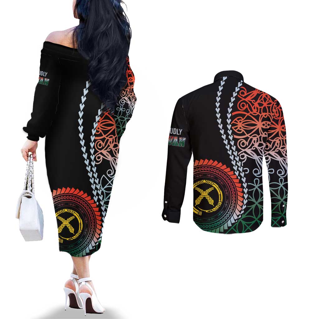 Proudly Ni-Van Sandroing Inspired Couples Matching Off The Shoulder Long Sleeve Dress and Long Sleeve Button Shirt Penama Classic Style LT7 - Polynesian Pride