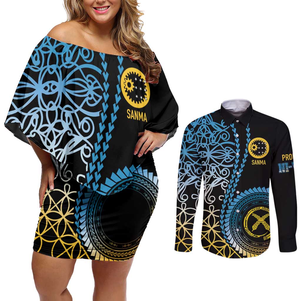 Proudly Ni-Van Sandroing Inspired Couples Matching Off Shoulder Short Dress and Long Sleeve Button Shirt Sanma Classic Style LT7 Colorful - Polynesian Pride