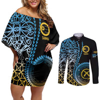 Proudly Ni-Van Sandroing Inspired Couples Matching Off Shoulder Short Dress and Long Sleeve Button Shirt Sanma Classic Style LT7 Colorful - Polynesian Pride
