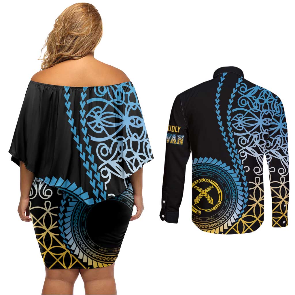 Proudly Ni-Van Sandroing Inspired Couples Matching Off Shoulder Short Dress and Long Sleeve Button Shirt Sanma Classic Style LT7 - Polynesian Pride