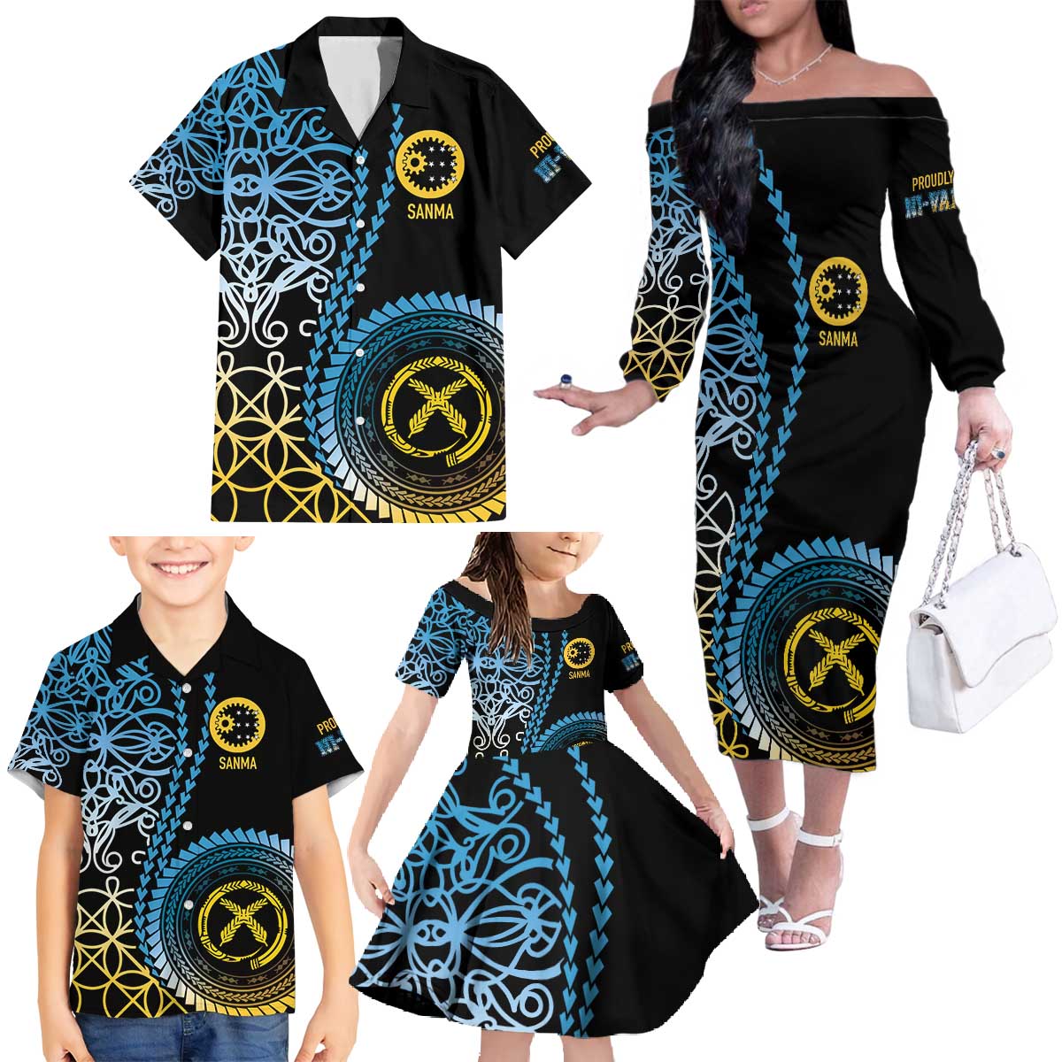 Proudly Ni-Van Sandroing Inspired Family Matching Off The Shoulder Long Sleeve Dress and Hawaiian Shirt Sanma Classic Style LT7 - Polynesian Pride