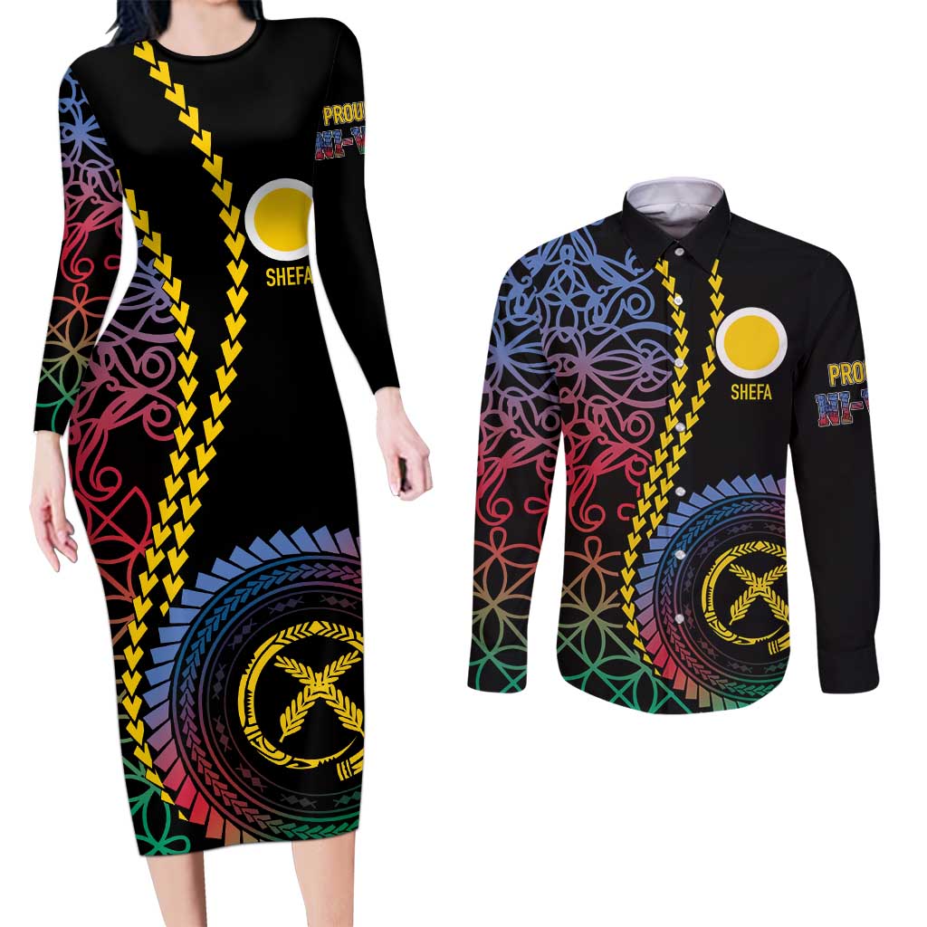 Proudly Ni-Van Sandroing Inspired Couples Matching Long Sleeve Bodycon Dress and Long Sleeve Button Shirt Shefa Classic Style LT7 Colorful - Polynesian Pride