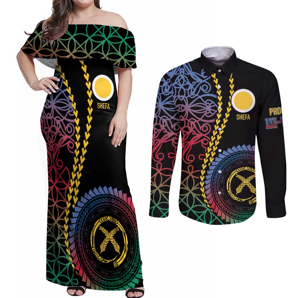 Proudly Ni-Van Sandroing Inspired Couples Matching Off Shoulder Maxi Dress and Long Sleeve Button Shirt Shefa Classic Style LT7 Colorful - Polynesian Pride