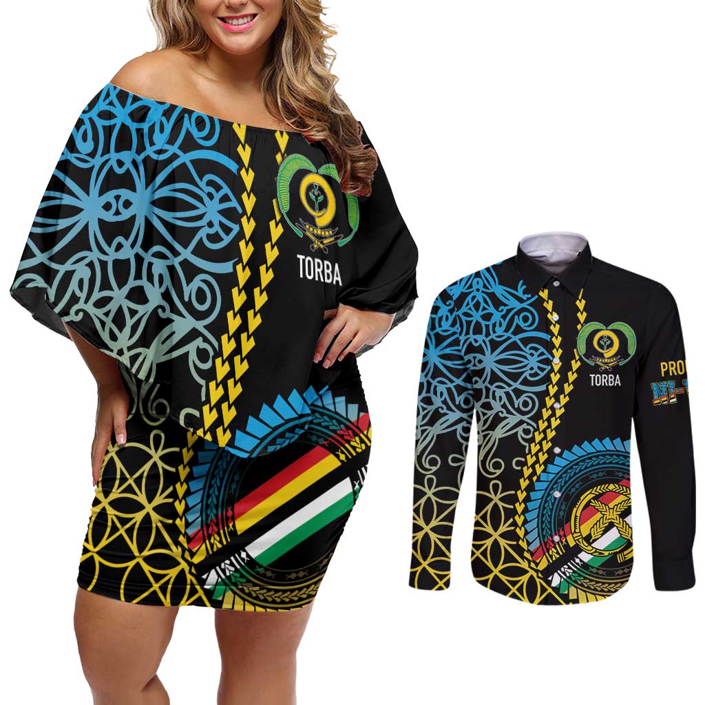 Proudly Ni-Van Sandroing Inspired Couples Matching Off Shoulder Short Dress and Long Sleeve Button Shirt Torba Classic Style LT7 Colorful - Polynesian Pride