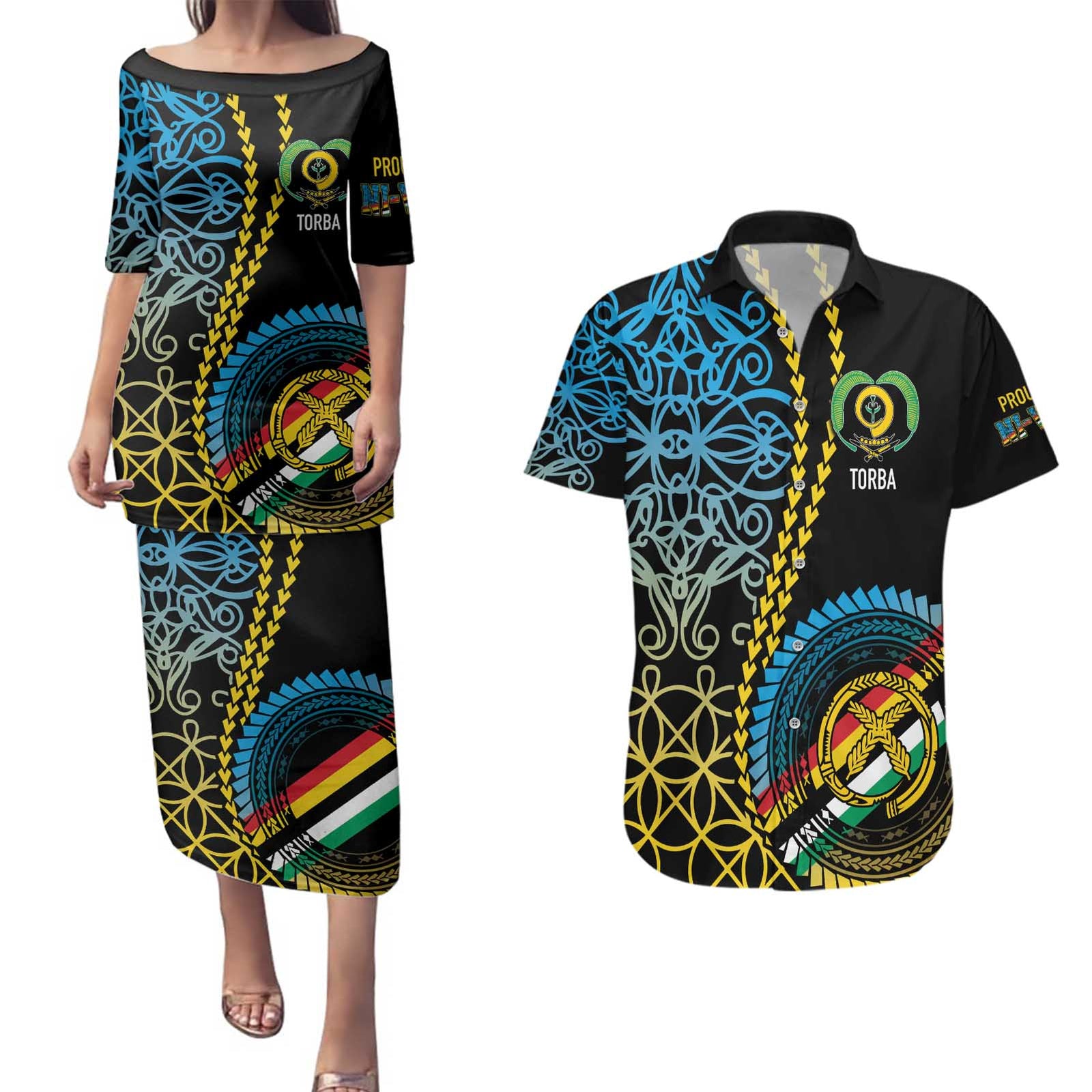 Proudly Ni-Van Sandroing Inspired Couples Matching Puletasi and Hawaiian Shirt Torba Classic Style LT7 Colorful - Polynesian Pride