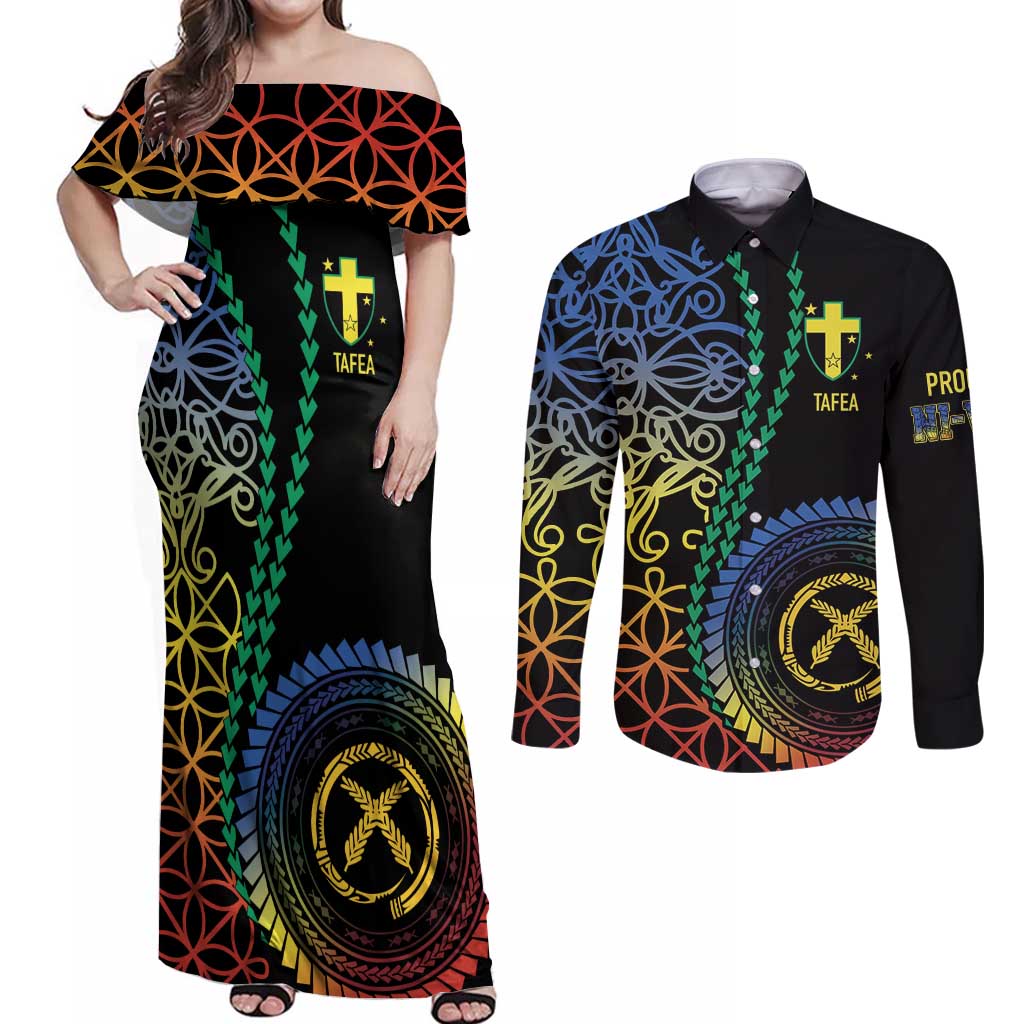 Proudly Ni-Van Sandroing Inspired Couples Matching Off Shoulder Maxi Dress and Long Sleeve Button Shirt Tafea Classic Style LT7 Colorful - Polynesian Pride