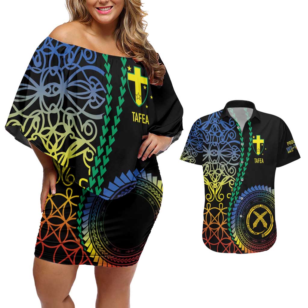 Proudly Ni-Van Sandroing Inspired Couples Matching Off Shoulder Short Dress and Hawaiian Shirt Tafea Classic Style LT7 Colorful - Polynesian Pride