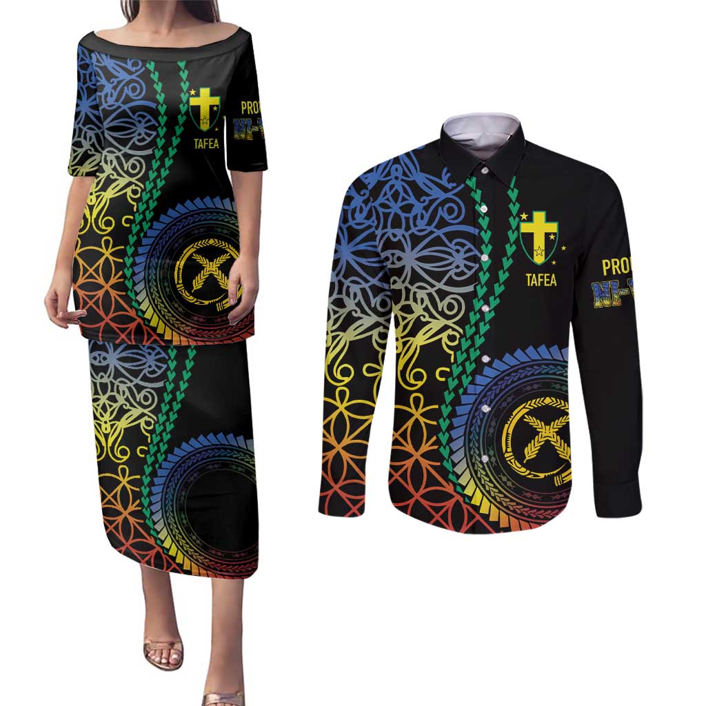 Proudly Ni-Van Sandroing Inspired Couples Matching Puletasi and Long Sleeve Button Shirt Tafea Classic Style LT7 Colorful - Polynesian Pride