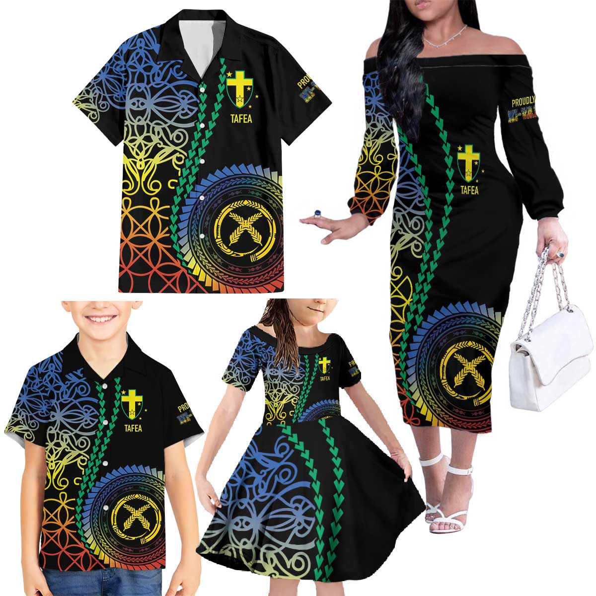 Proudly Ni-Van Sandroing Inspired Family Matching Off The Shoulder Long Sleeve Dress and Hawaiian Shirt Tafea Classic Style LT7 - Polynesian Pride