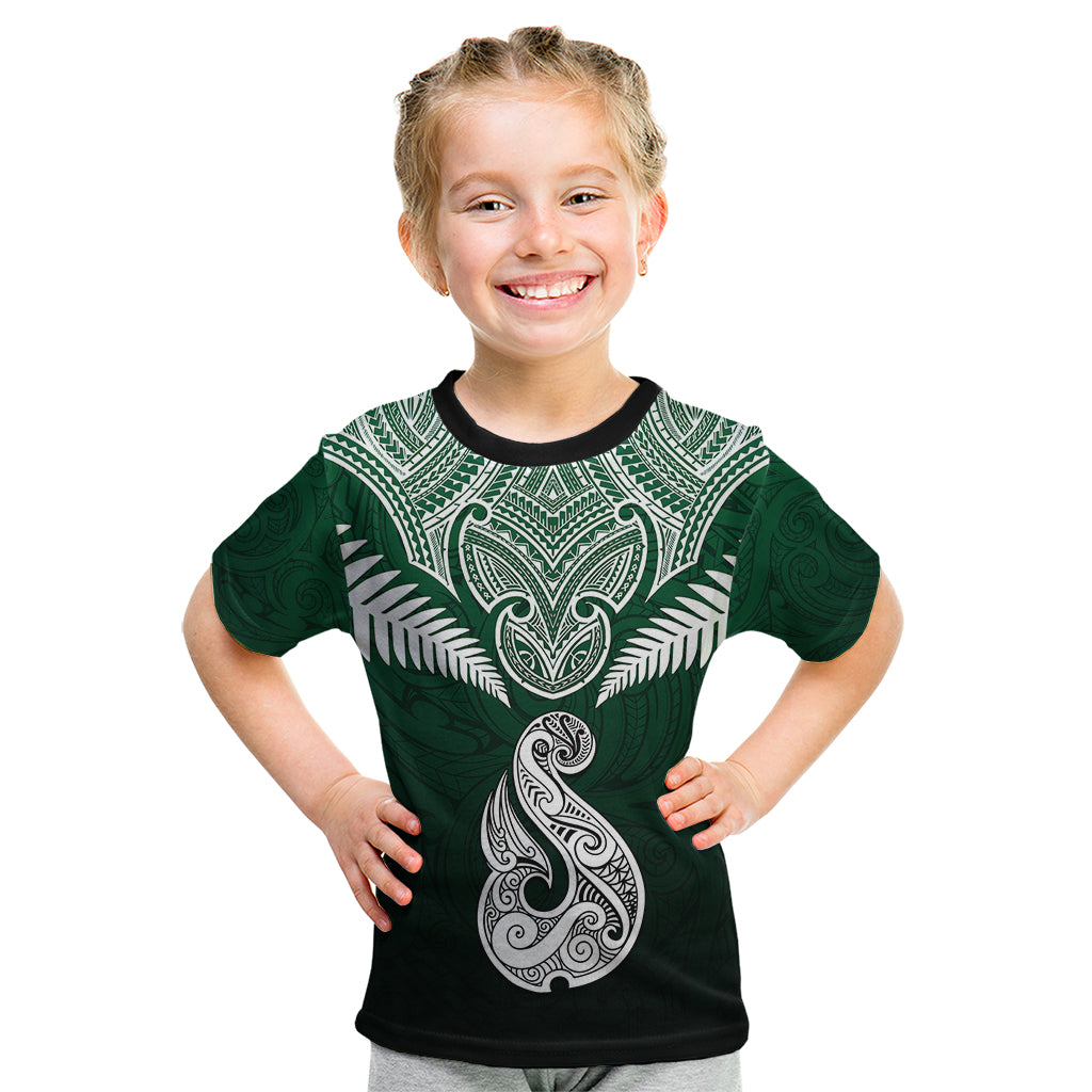 Personalised New Zealand Kid T Shirt Hei Matau Mix Silver Fern Basic LT7 Green - Polynesian Pride