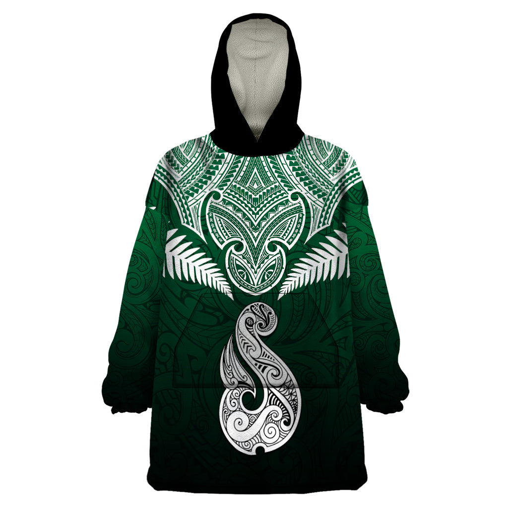 Personalised New Zealand Wearable Blanket Hoodie Hei Matau Mix Silver Fern Basic LT7 One Size Green - Polynesian Pride