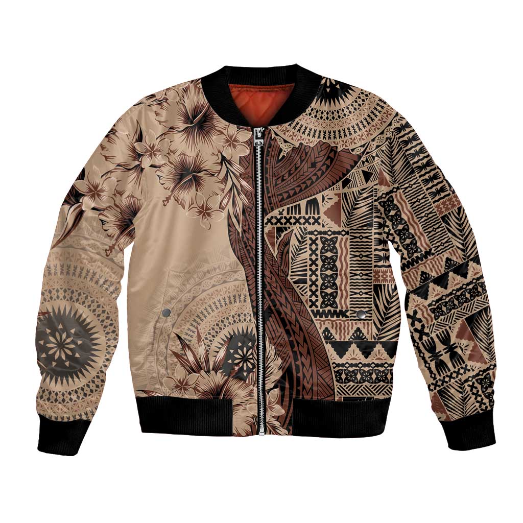 Bula Fiji Bomber Jacket Shark Tail Beige Masi Tapa