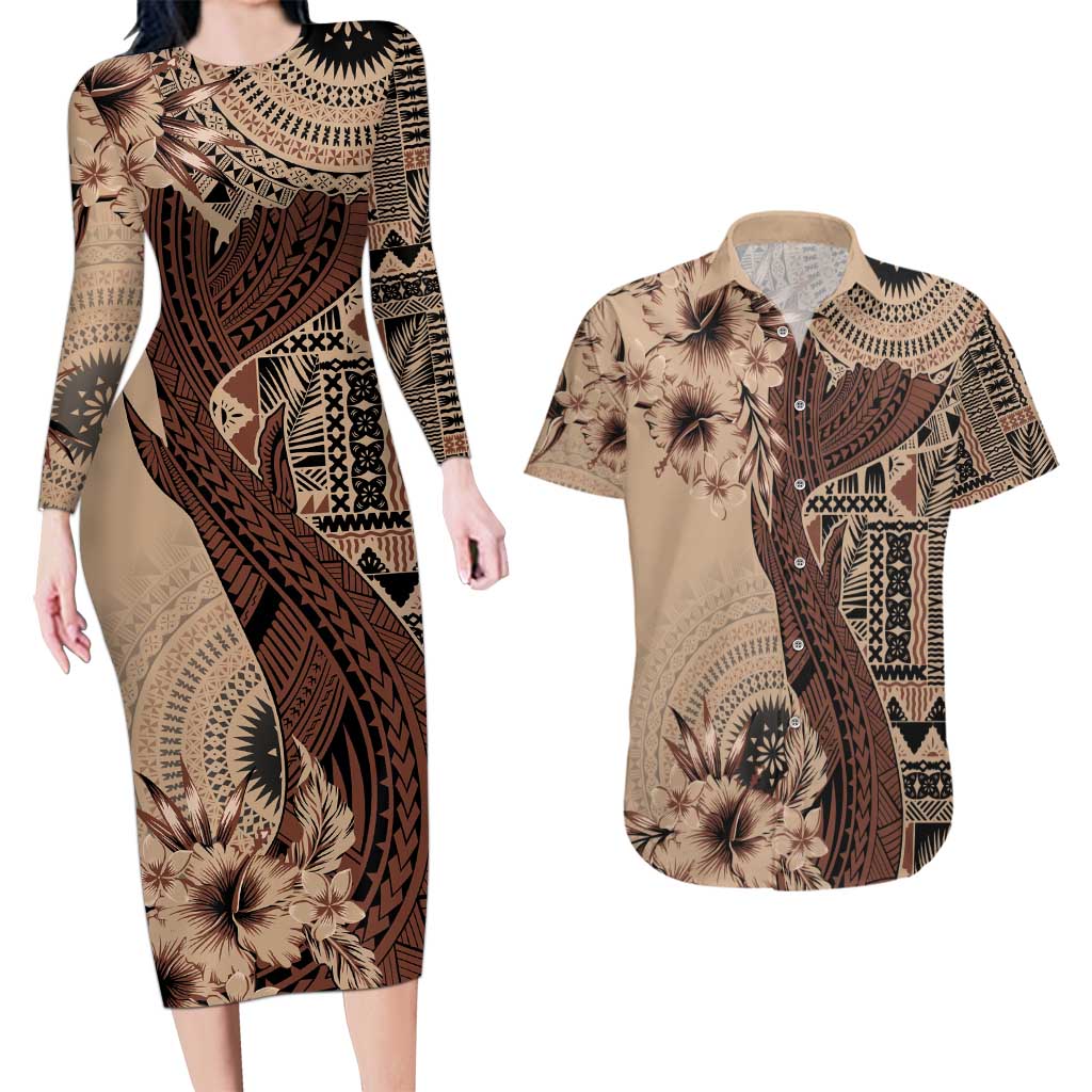 Bula Fiji Couples Matching Long Sleeve Bodycon Dress and Hawaiian Shirt Shark Tail Beige Masi Tapa