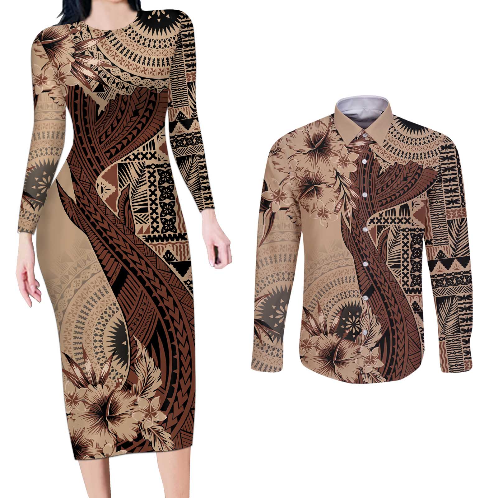 Bula Fiji Couples Matching Long Sleeve Bodycon Dress and Long Sleeve Button Shirt Shark Tail Beige Masi Tapa