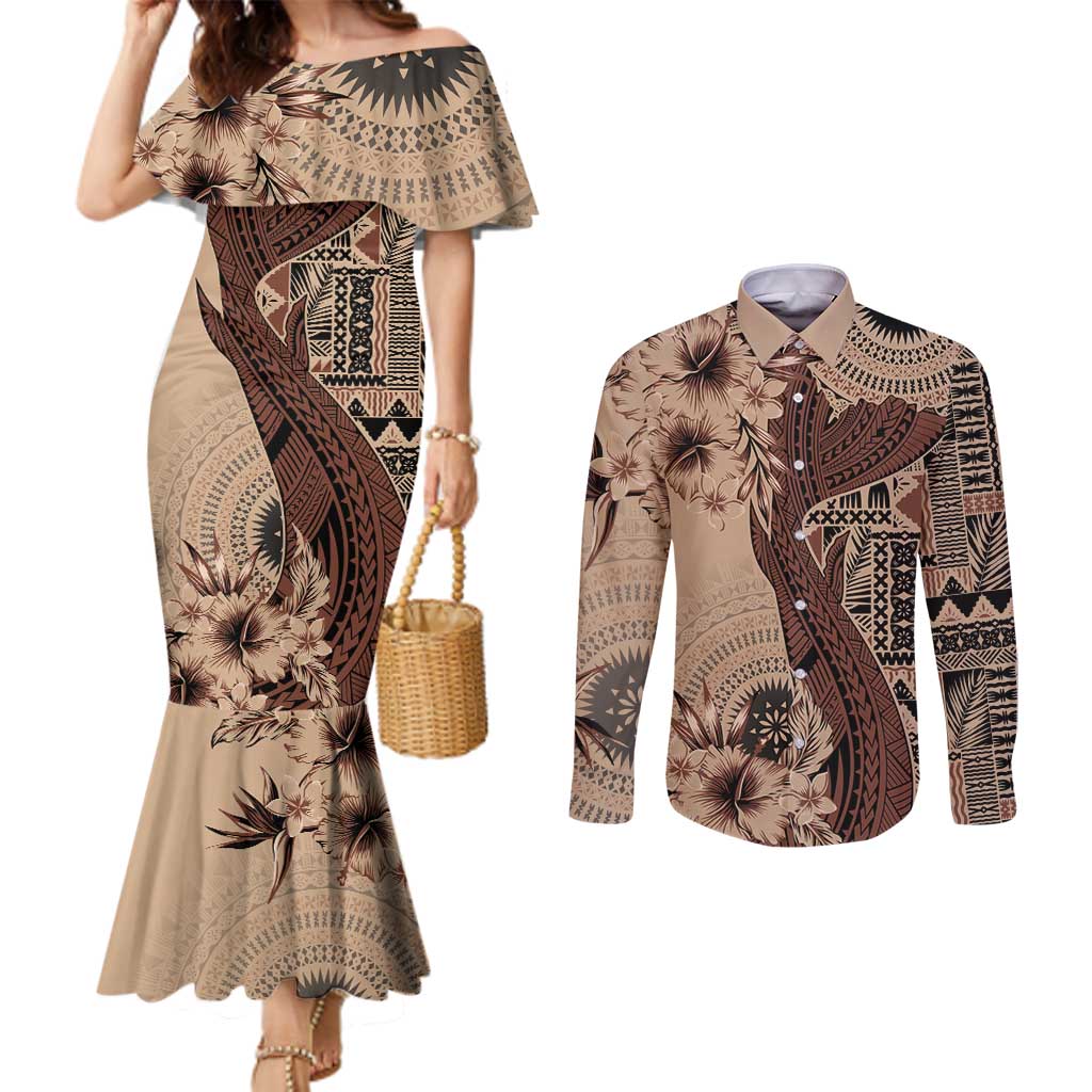 Bula Fiji Couples Matching Mermaid Dress and Long Sleeve Button Shirt Shark Tail Beige Masi Tapa