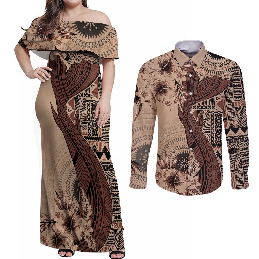 Bula Fiji Couples Matching Off Shoulder Maxi Dress and Long Sleeve Button Shirt Shark Tail Beige Masi Tapa