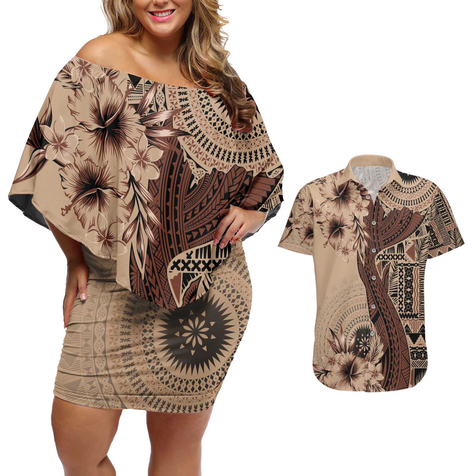 Bula Fiji Couples Matching Off Shoulder Short Dress and Hawaiian Shirt Shark Tail Beige Masi Tapa