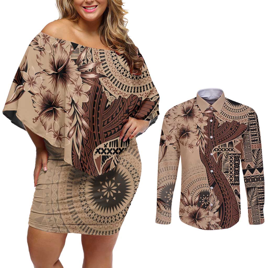 Bula Fiji Couples Matching Off Shoulder Short Dress and Long Sleeve Button Shirt Shark Tail Beige Masi Tapa