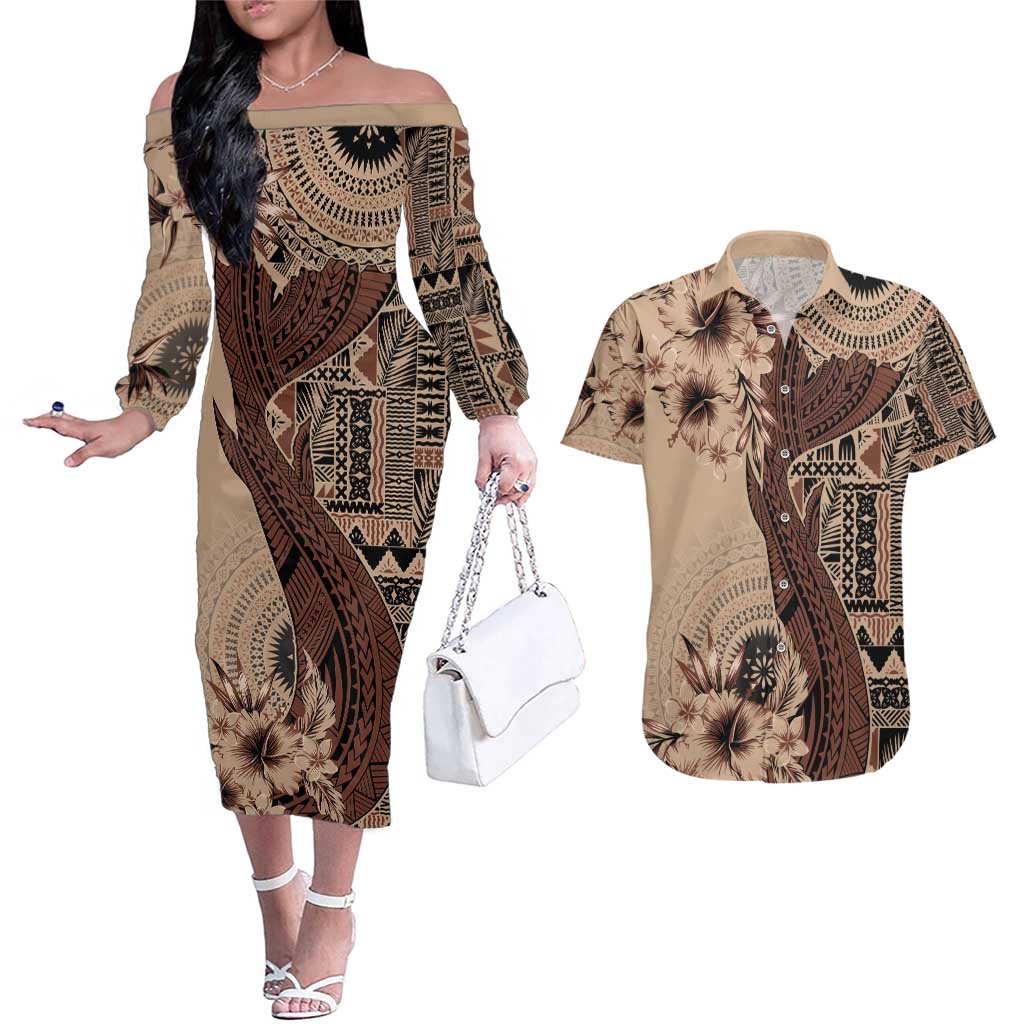 Bula Fiji Couples Matching Off The Shoulder Long Sleeve Dress and Hawaiian Shirt Shark Tail Beige Masi Tapa