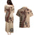 Bula Fiji Couples Matching Puletasi and Hawaiian Shirt Shark Tail Beige Masi Tapa