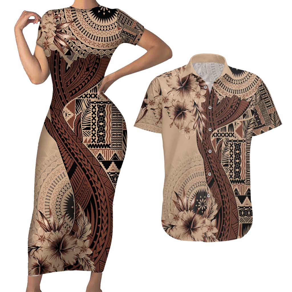 Bula Fiji Couples Matching Short Sleeve Bodycon Dress and Hawaiian Shirt Shark Tail Beige Masi Tapa