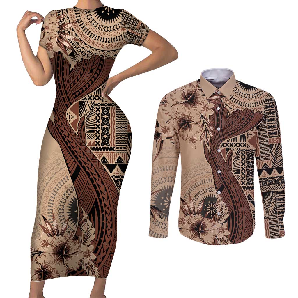 Bula Fiji Couples Matching Short Sleeve Bodycon Dress and Long Sleeve Button Shirt Shark Tail Beige Masi Tapa