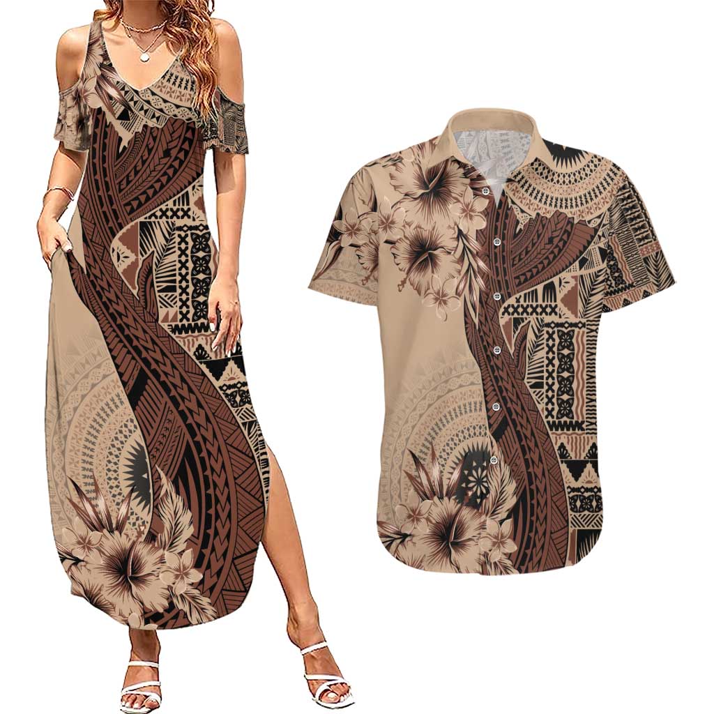 Bula Fiji Couples Matching Summer Maxi Dress and Hawaiian Shirt Shark Tail Beige Masi Tapa