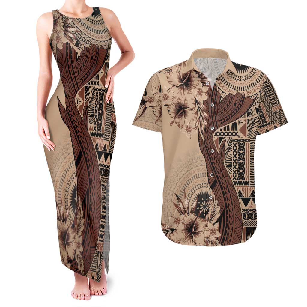 Bula Fiji Couples Matching Tank Maxi Dress and Hawaiian Shirt Shark Tail Beige Masi Tapa