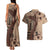 Bula Fiji Couples Matching Tank Maxi Dress and Hawaiian Shirt Shark Tail Beige Masi Tapa