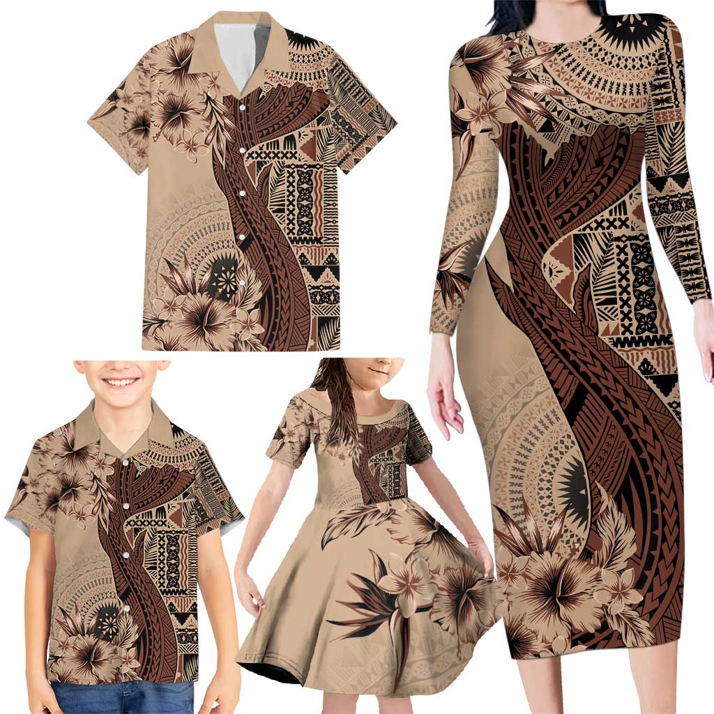 Bula Fiji Family Matching Long Sleeve Bodycon Dress and Hawaiian Shirt Shark Tail Beige Masi Tapa