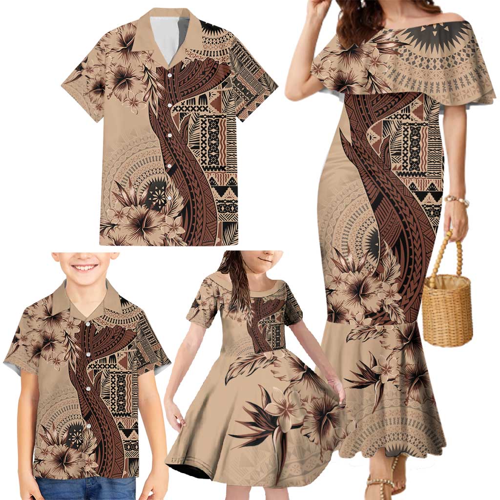 Bula Fiji Family Matching Mermaid Dress and Hawaiian Shirt Shark Tail Beige Masi Tapa