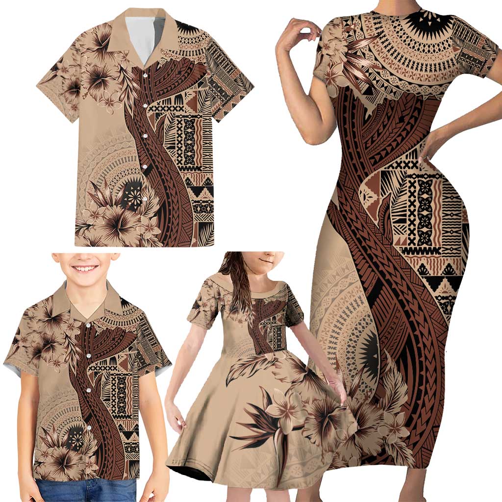 Bula Fiji Family Matching Short Sleeve Bodycon Dress and Hawaiian Shirt Shark Tail Beige Masi Tapa