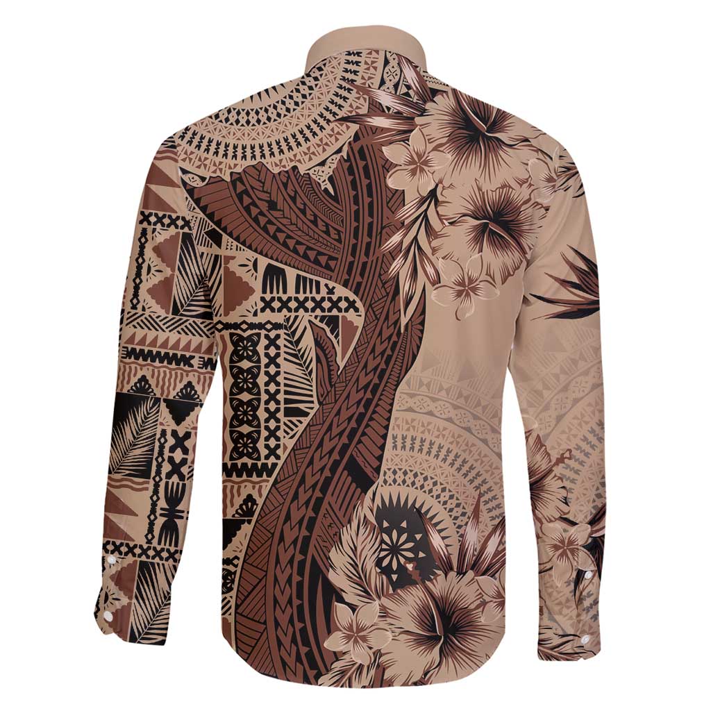 Bula Fiji Family Matching Short Sleeve Bodycon Dress and Hawaiian Shirt Shark Tail Beige Masi Tapa