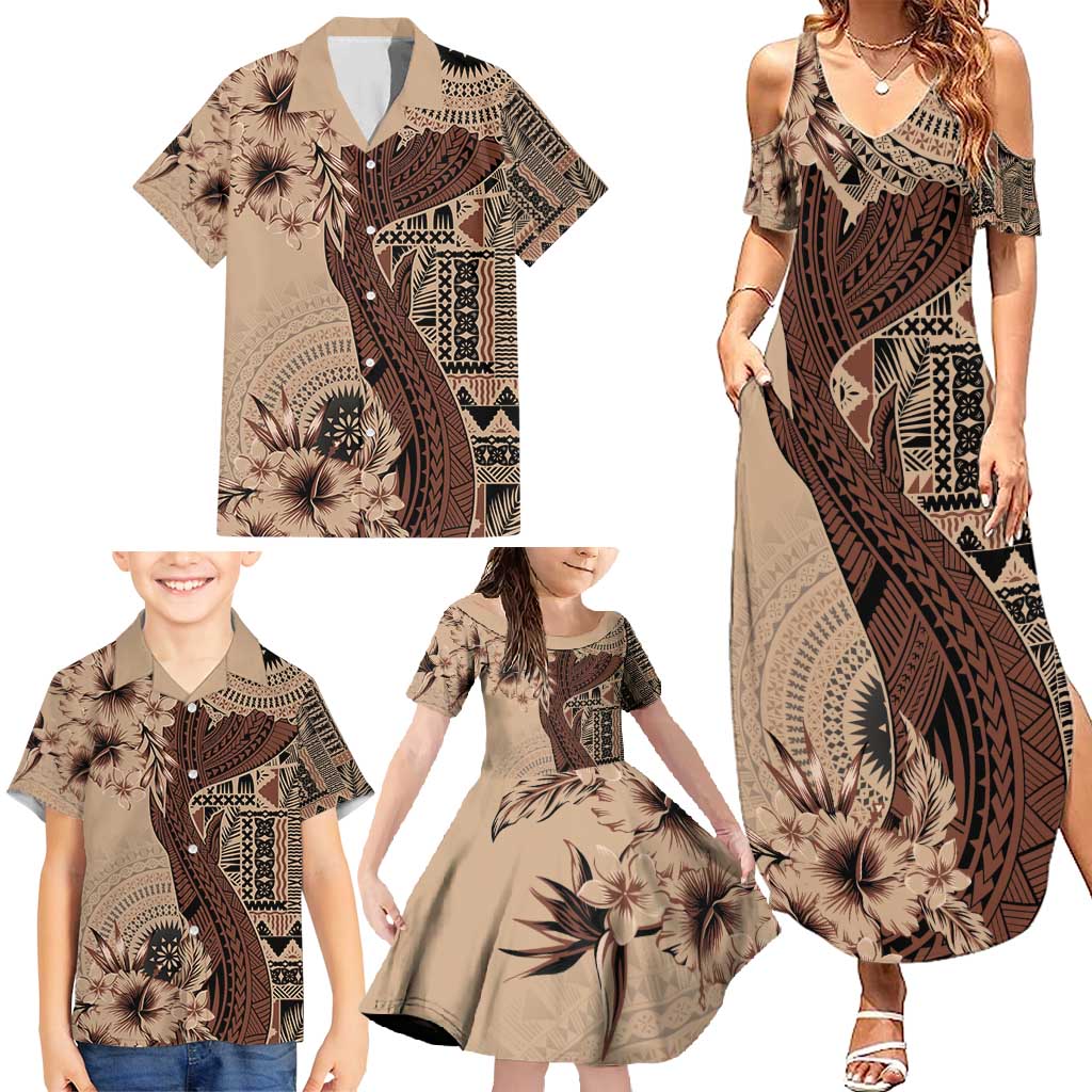 Bula Fiji Family Matching Summer Maxi Dress and Hawaiian Shirt Shark Tail Beige Masi Tapa