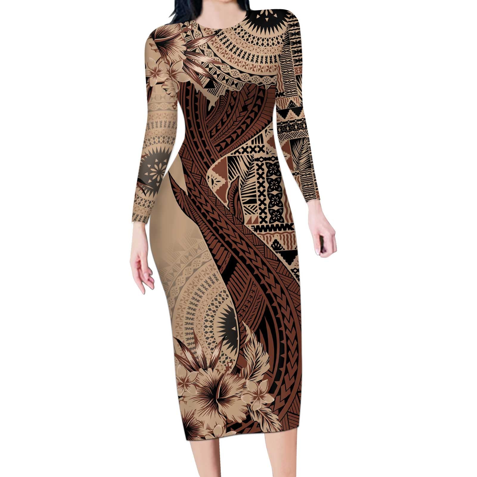 Bula Fiji Long Sleeve Bodycon Dress Shark Tail Beige Masi Tapa