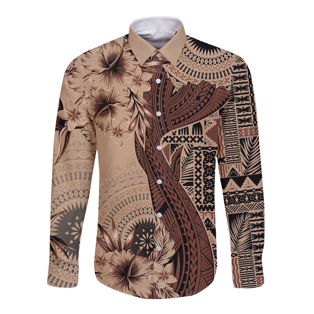 Bula Fiji Long Sleeve Button Shirt Shark Tail Beige Masi Tapa