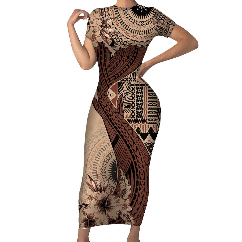 Bula Fiji Short Sleeve Bodycon Dress Shark Tail Beige Masi Tapa LT7 Long Dress Beige - Polynesian Pride